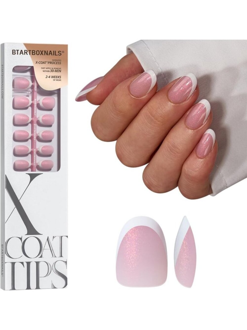 Chic White French Tip Press-On Nails, XS Almond Shape, Pink Glitter Accent